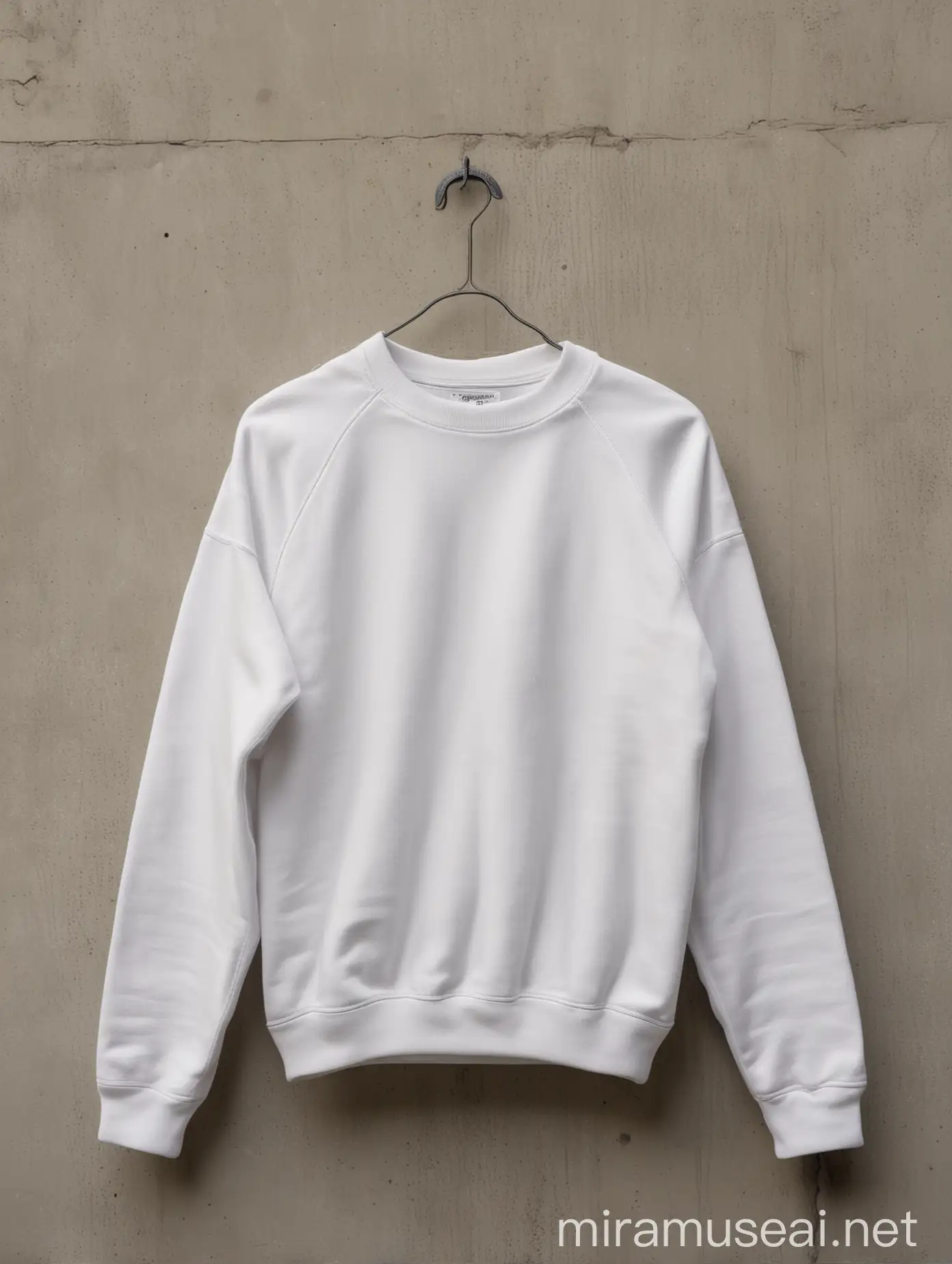 White Gildan 18000 Sweatshirt Hanging Against Cement Wall