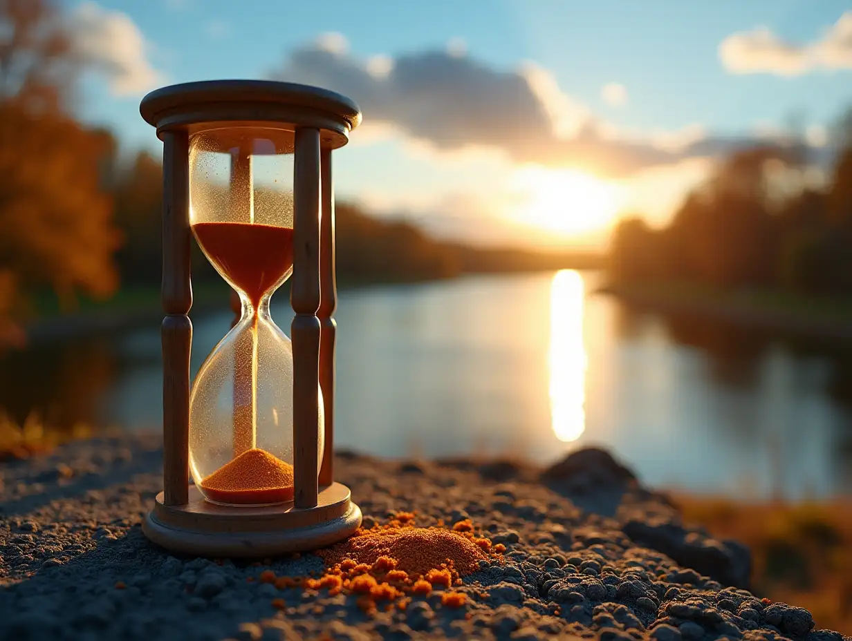 A magnified cracking hourglass cracks which is set on a road, beside a river. As the sand scatters like rain, it falls over the trees that are on river's banks. It is an autumn afternoon, the sky is blue with some white clouds and the sunset paints the scenery far away with colors of orange, yellow and red.