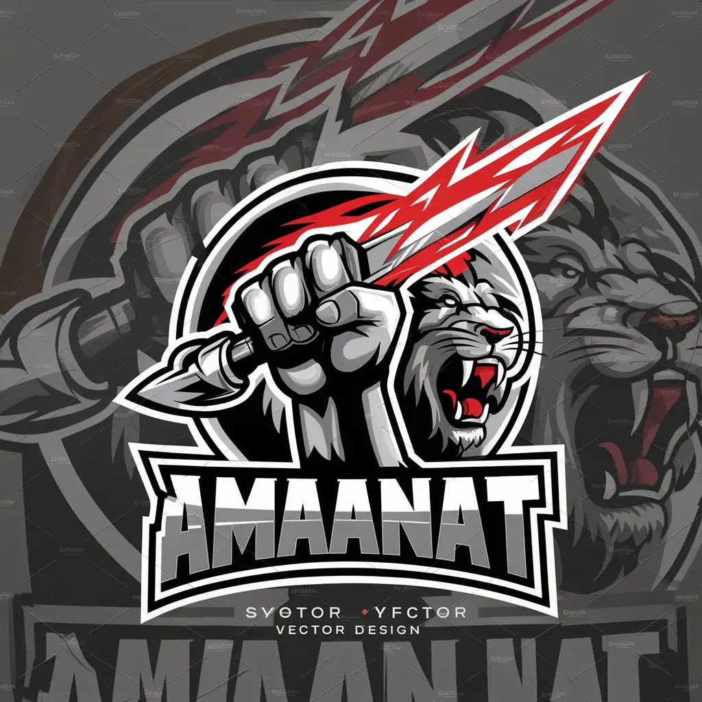 LOGO Design for Amaanat Hand with Bloody Shining Sword Lightning Fire and Roaring Lion in Sports Fitness Theme