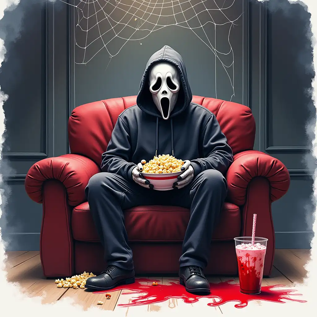 the text 'Horror Movies and Chill' above it. Ghostface, the iconic horror movie villain, sitting on a couch and enjoying a bowl of popcorn. A drink with a red liquid spills onto the floor, and a spider web hangs above the couch.The room's background is gloomy and very scary. Watercolor