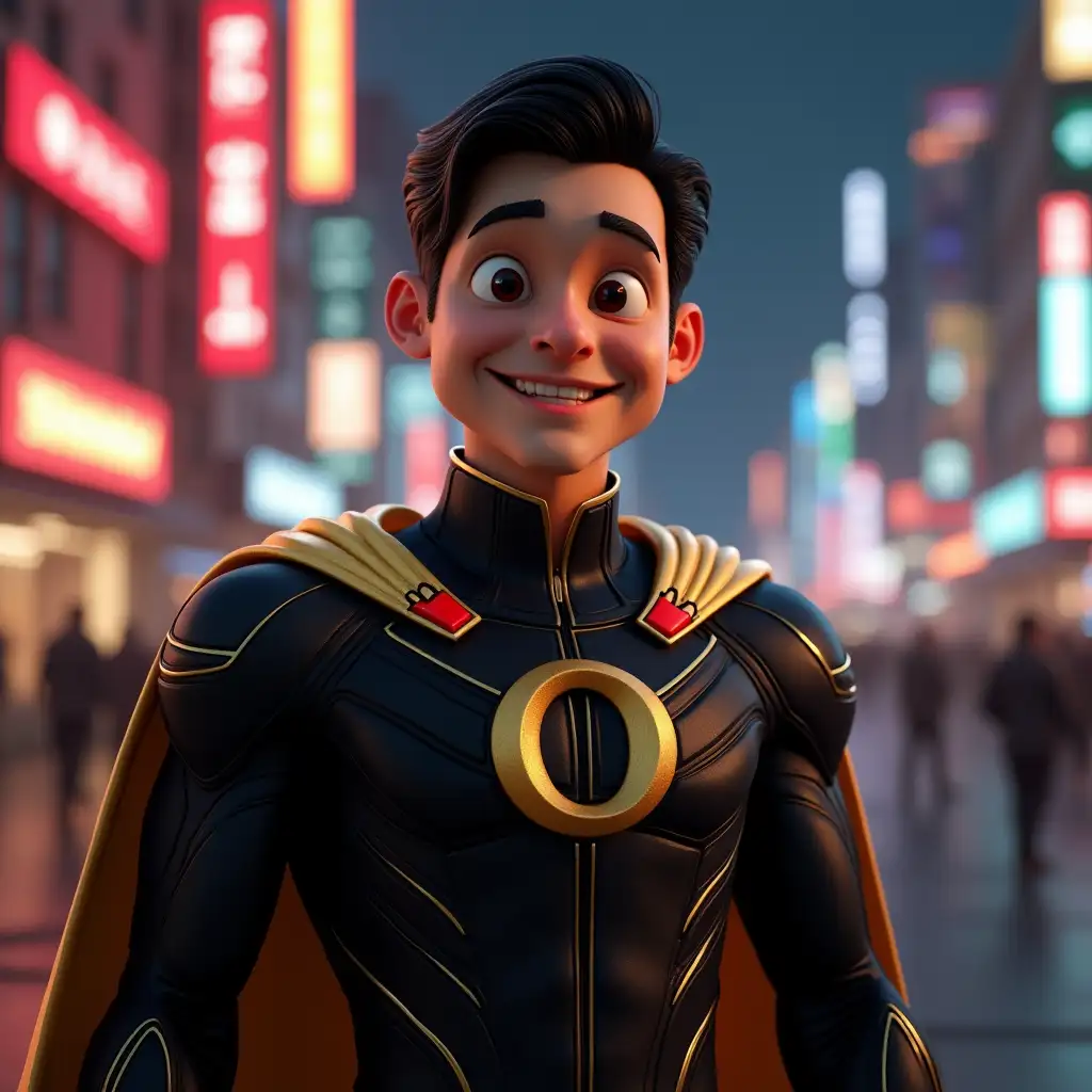 A highly realistic and highly accurate 3D render of a man in his 40s standing confidently in a vibrant outdoor setting. He has a cheerful and expressive face with big, bright eyes and a wide smile. His outfit is a sleek, futuristic black suit with a golden cape, red decorations and an 'O' logo on the chest. His hair is black. The background features a beautifully rendered, bustling city, gently blurred to add depth. The lighting is night-time and natural, emphasizing the fine details of his outfit, facial expressions and textures. The image is rendered in 4K resolution, with cinematic-quality shading, realistic textures and dynamic lighting.