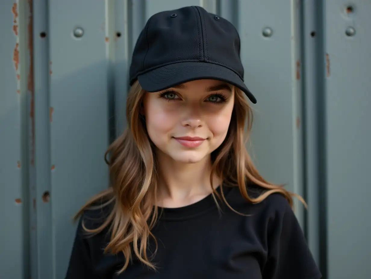 Stylish-Young-Woman-in-Mockup-Black-Cap-and-TShirt-on-Urban-Metal-Background