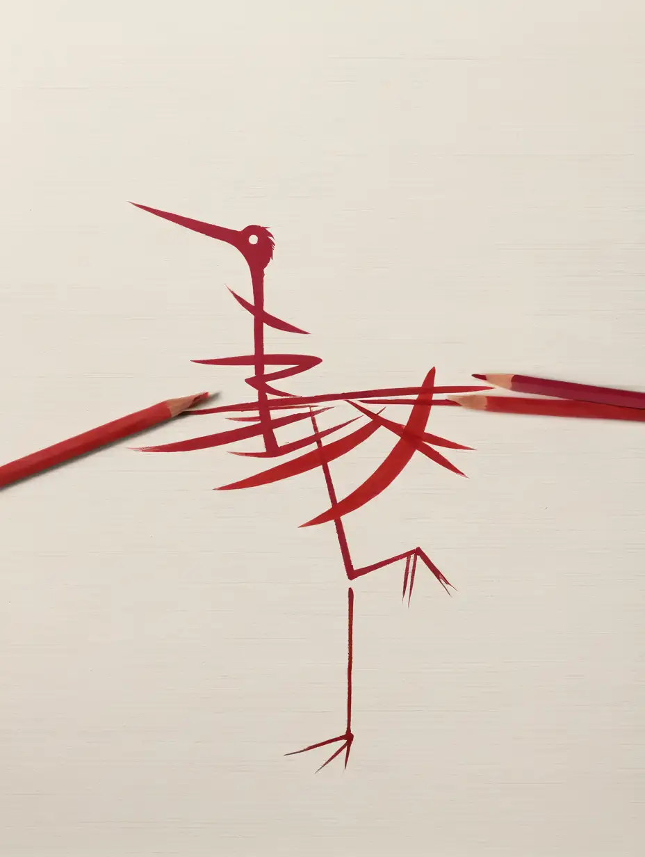 Graceful Crane Drawn with Feather Technique