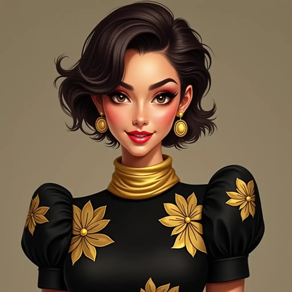 Create a digital portrait of a stylish woman with short, voluminous hair, wearing bold makeup and a glamorous outfit. Her hair is swept back, slightly tousled, and her expression is confident with a soft smile. She is wearing a black dress with puffed shoulders, adorned with large gold floral patterns, and a gold scarf elegantly wrapped around her neck. Her earrings are gold, matching the accents on her dress. The overall look is sophisticated and chic, with a fashion-forward aesthetic. The color palette includes black, gold, and warm skin tones. The style of the artwork should be polished and semi-realistic, with a balance of artistic detail and soft, smooth shading.