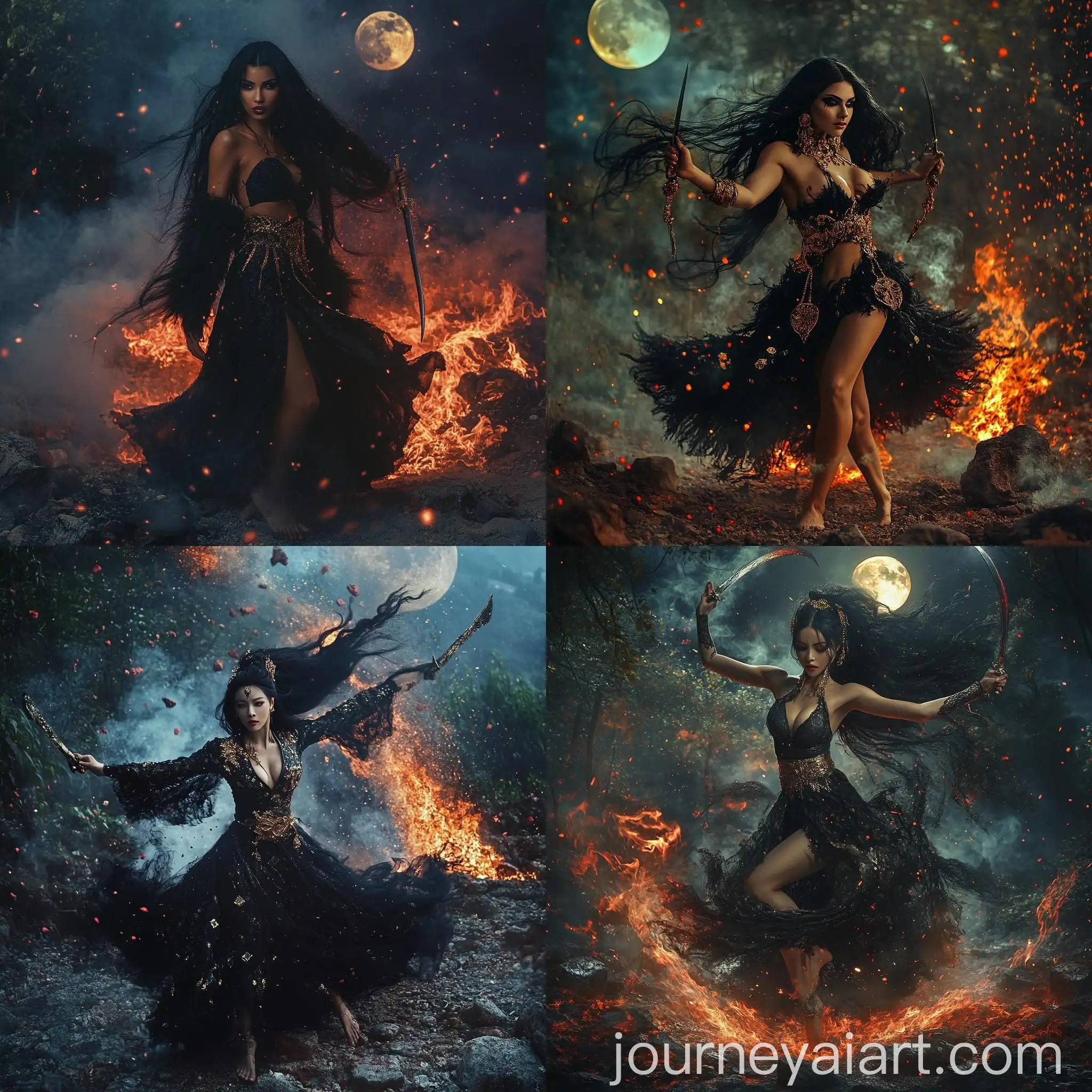 Enchanting-Sword-Dancer-in-Black-Fur-Oriental-Dress-Amidst-Night-Fire