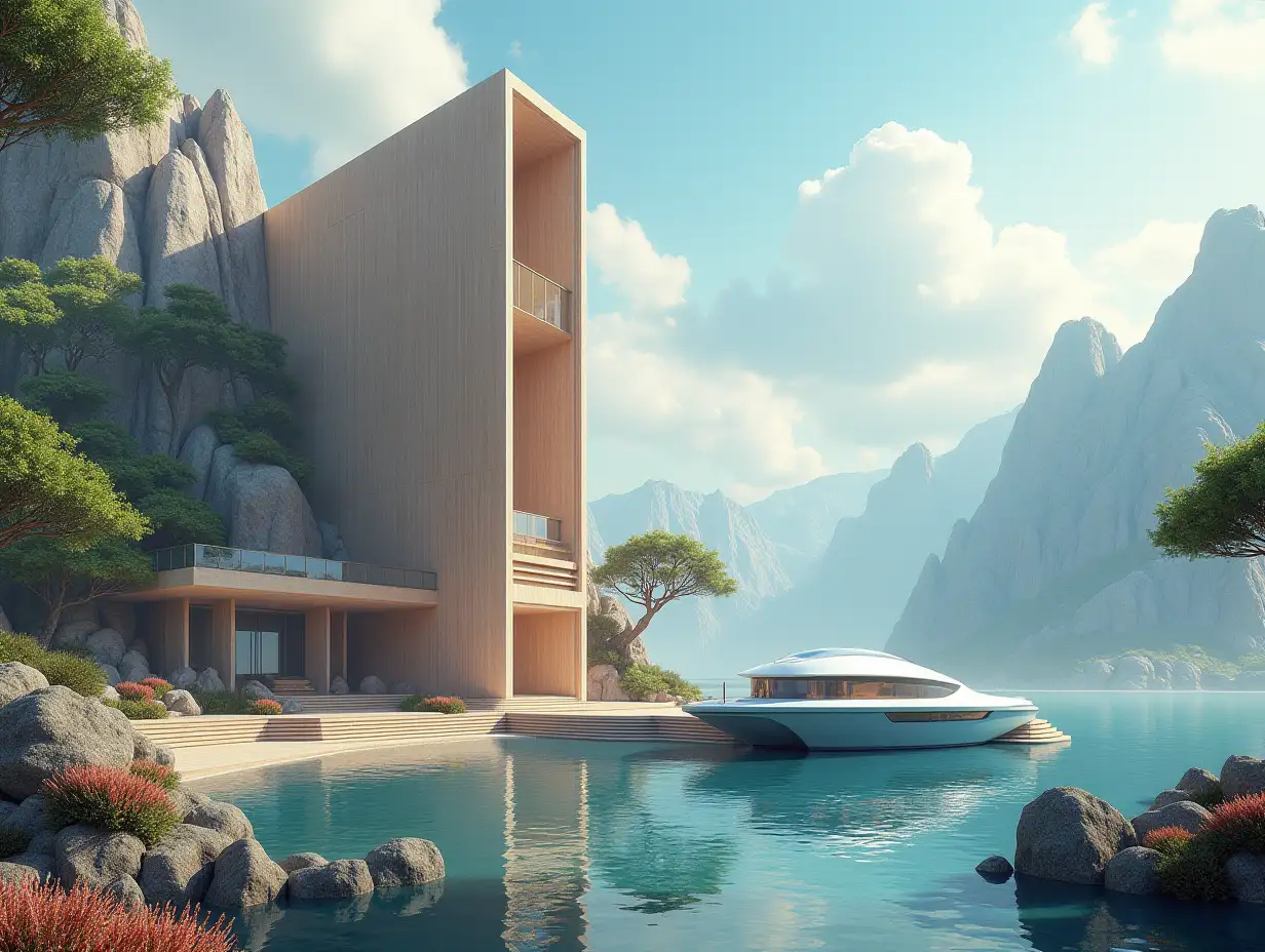 Create a high-resolution realistic image in 4k resolution of a futureistic brown building with white details, curved pillars, mountains with large trees, rocks, flowers and a futuristic big boat with glass window and cloudy sky