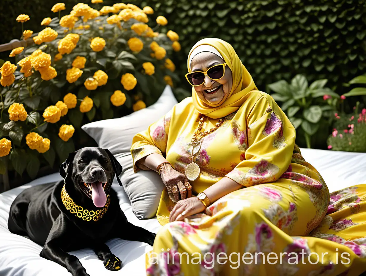 Elderly-Muslim-Woman-Smiling-with-Dog-in-Garden-Bed-Evening-Floral-Scene