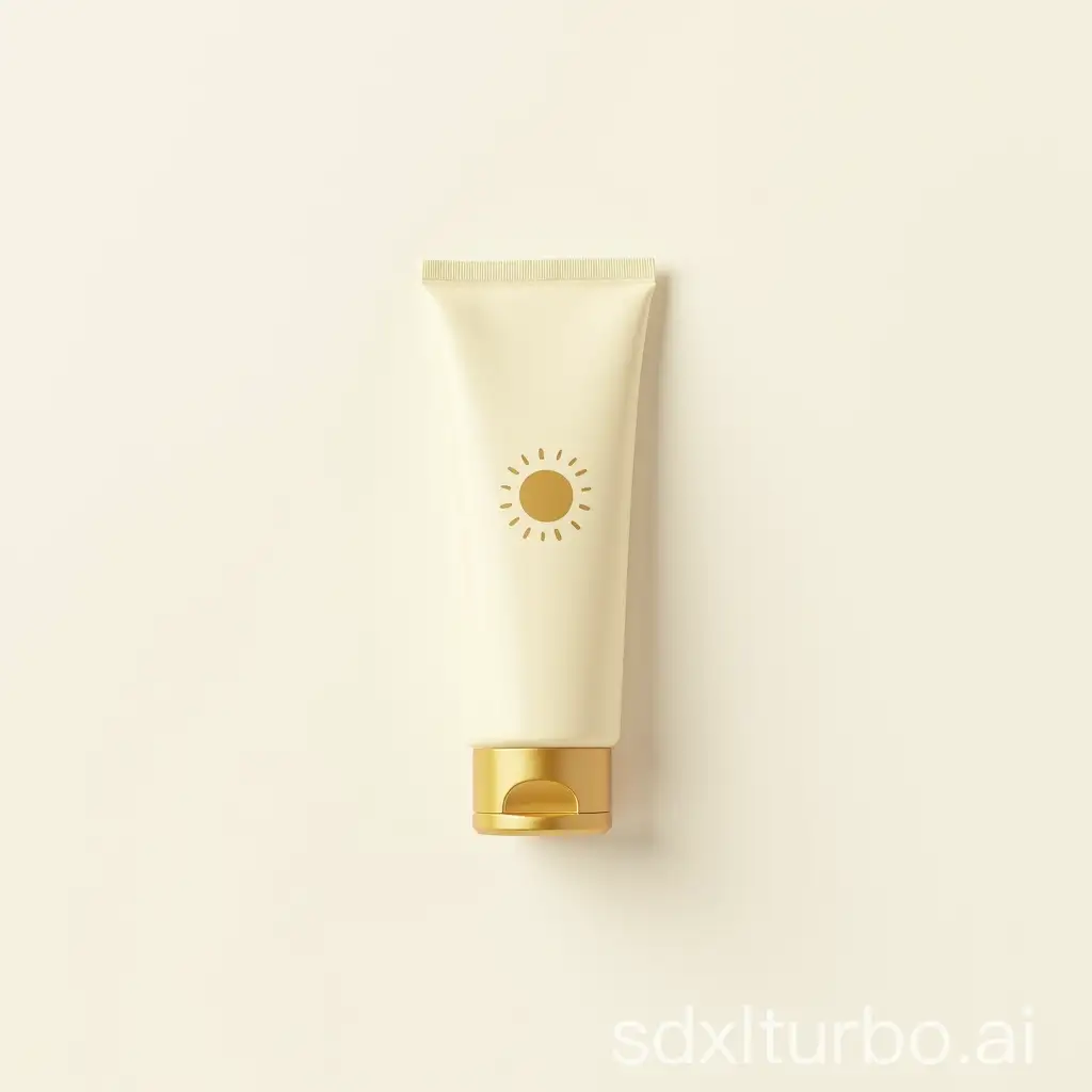 a cream tube on a white background, minimalist design, golden sun symbol on the tube, yellow and gold colors, product view