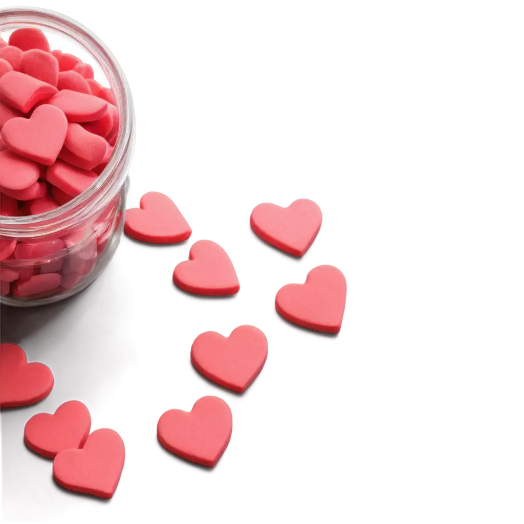 A jar of red and pink candy hearts, spilling onto a white surface