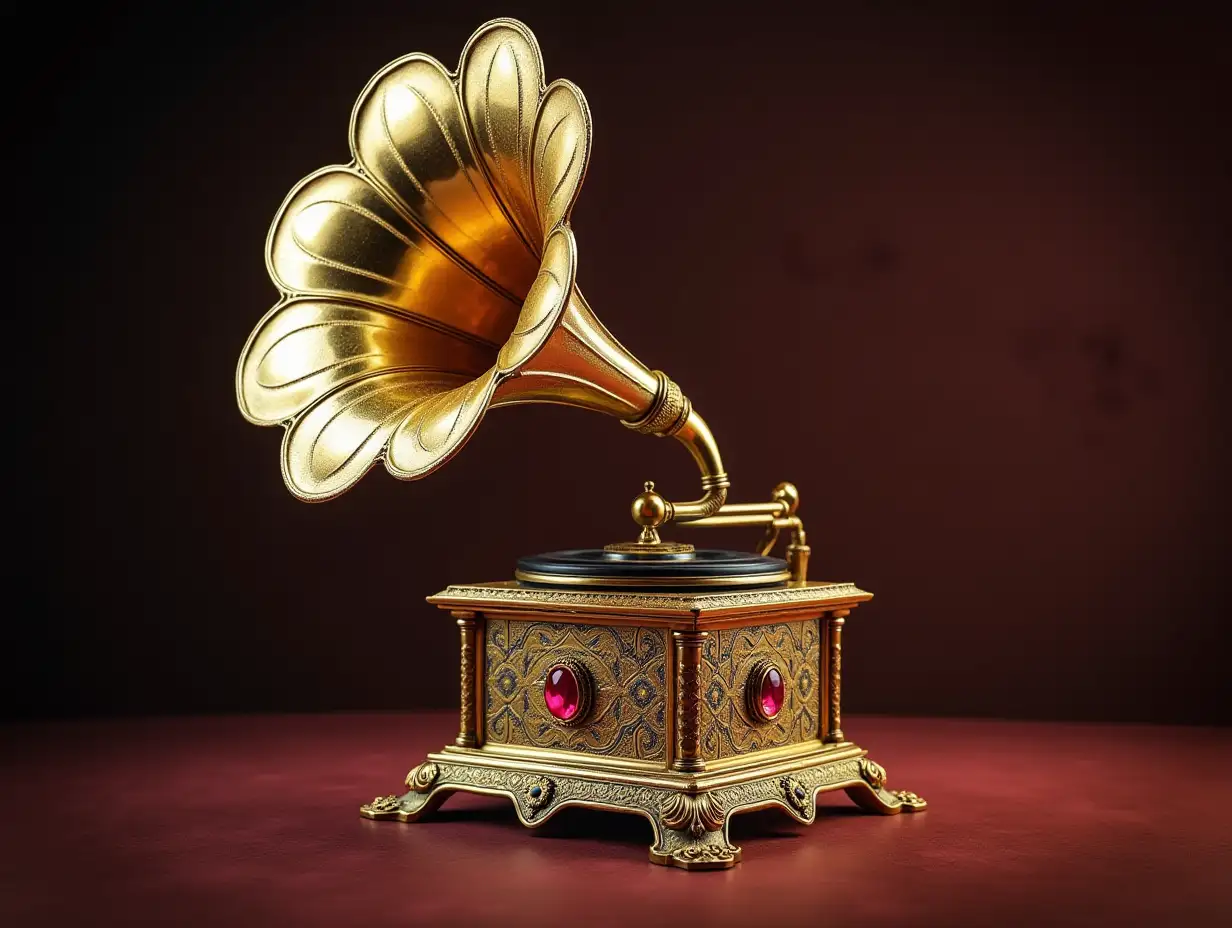 Create a very detailed image of a gramophone made from gold, porcelain, silver with ruby ornaments in 4K resolution, vibrant