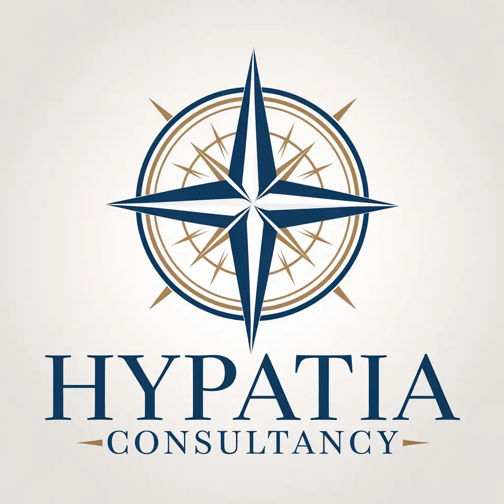 a vector logo design,with the text "Hypatia Consultancy", main symbol:a vector logo design,with the text 'Hypatia Consultancy', main symbol:Elements to Incorporate: • Company name: Hypatia Consultancyn• Symbol sleek and stylish of Mathematics and Precision: Compass or Squaren• Neoplatonism symbol: Plato's ring or an abstract symbol sleek and stylish that represents the quest for truth.n• Color: Sapphire Blue and Goldn• Modern and Clear Typography: Clean and contemporary sans serif font for a professional look.,complex,clear background,complex,be used in Technology industry,clear background