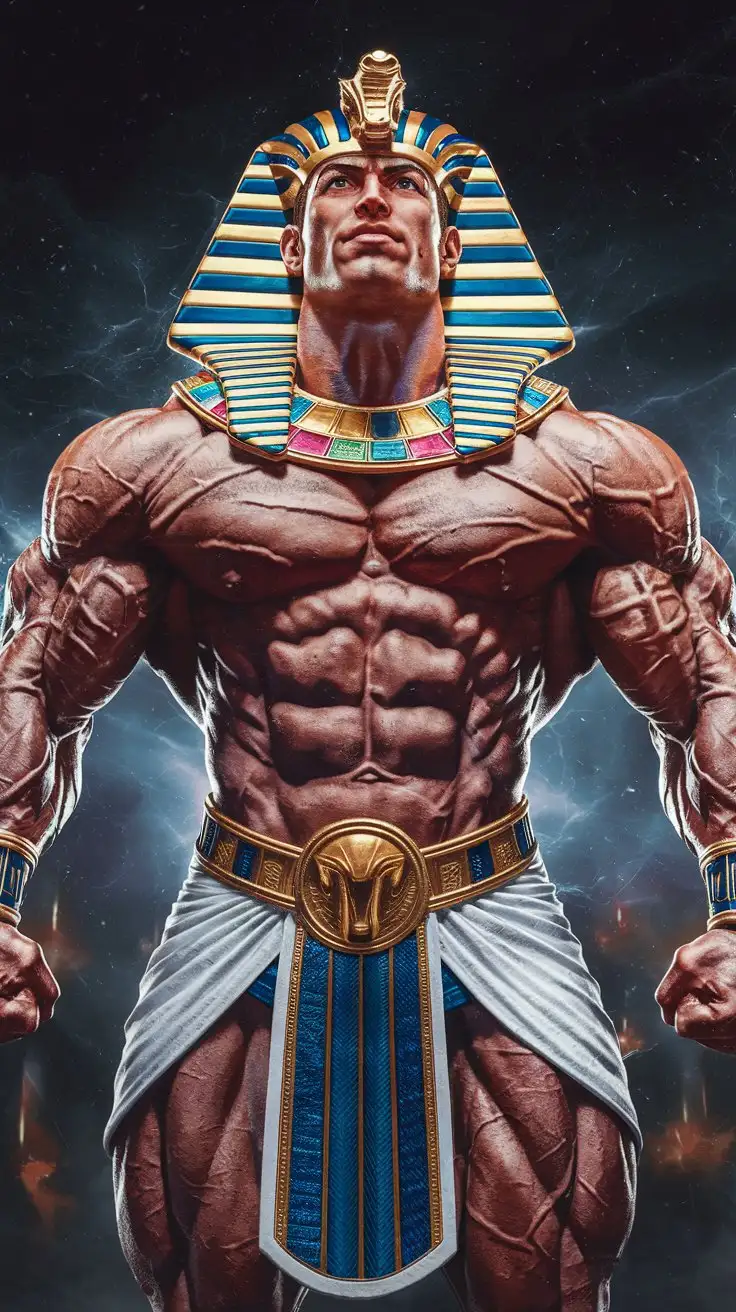 Powerfully muscled, hugely ripped, pumped, bodybuilder musclegod reverently receives the powers of the ancient Pharaohs, becomes a mighty superhero. 24 years old. Photorealistic.