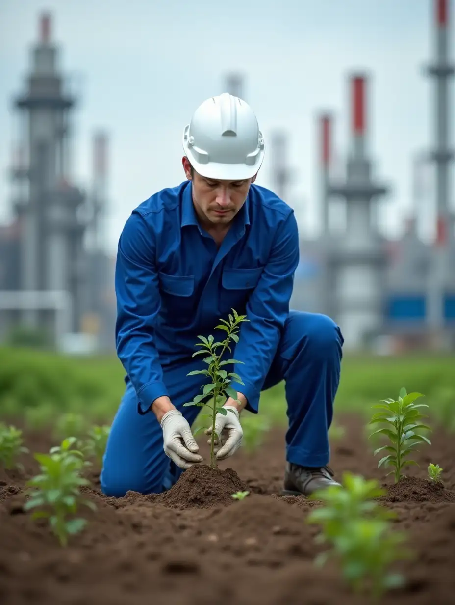 Male petrochemical employee in blue suit and white hat planting tree seedlings in petrochemical plant and petrochemical backgroundrn The image should be from the front.