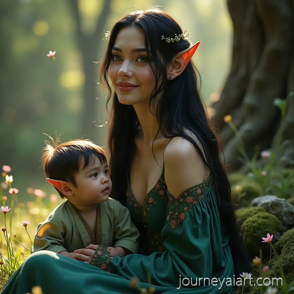 Serene-Elven-Woman-and-Her-Infant-Twins-in-a-Magical-Forest-Setting