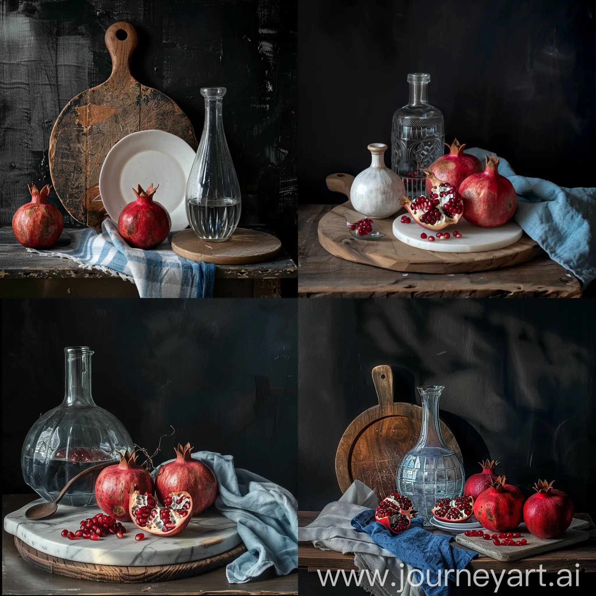 Contrasting-Still-Life-with-Pomegranate-Glass-Vase-and-Wooden-Board