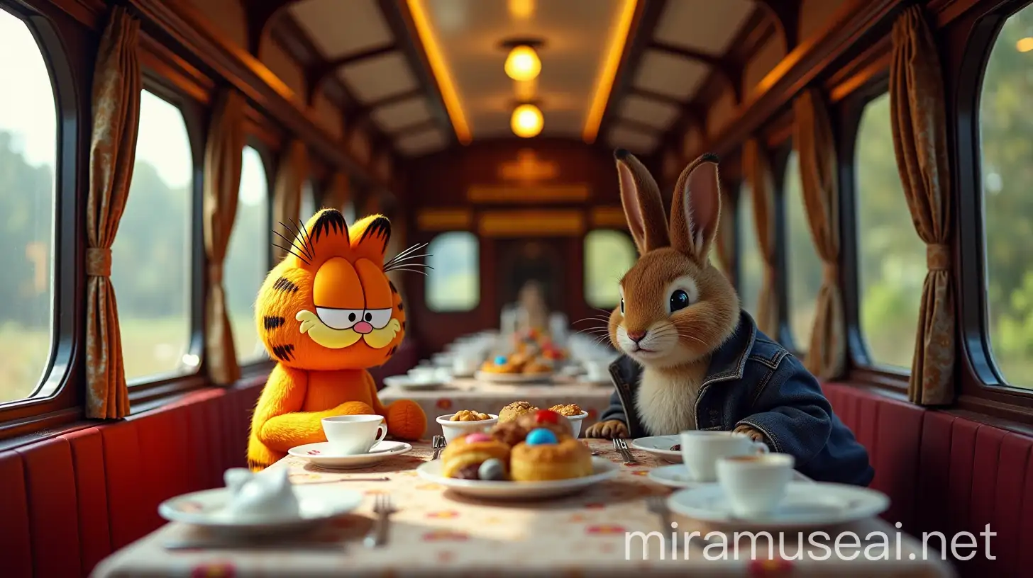 Luxurious Birthday Celebration on Train Carriage with Garfield and Peter Rabbit Enjoying English High Tea