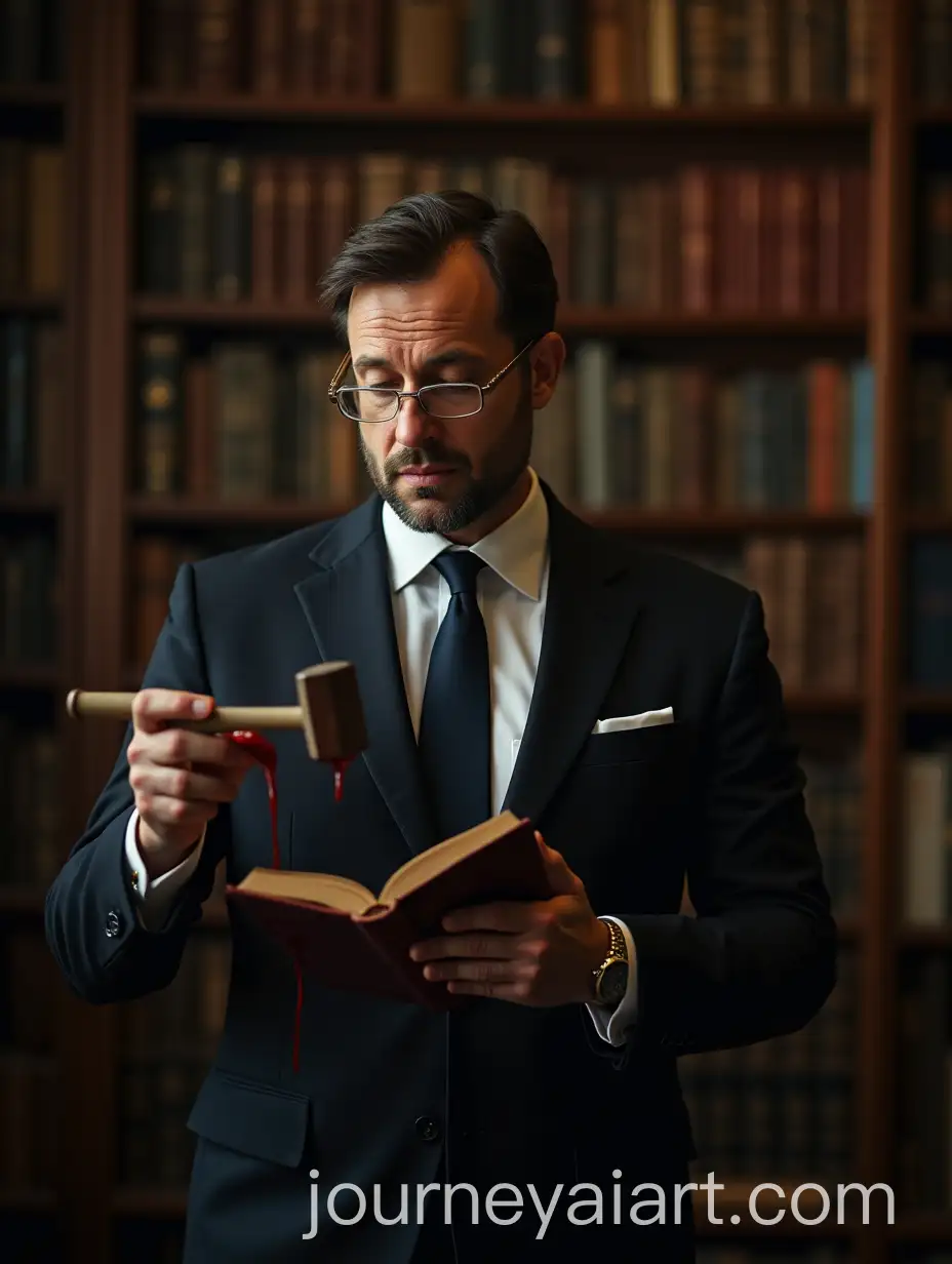 Elegant-Man-in-Library-Holding-Book-and-Bloody-Hammer-at-Crime-Scene