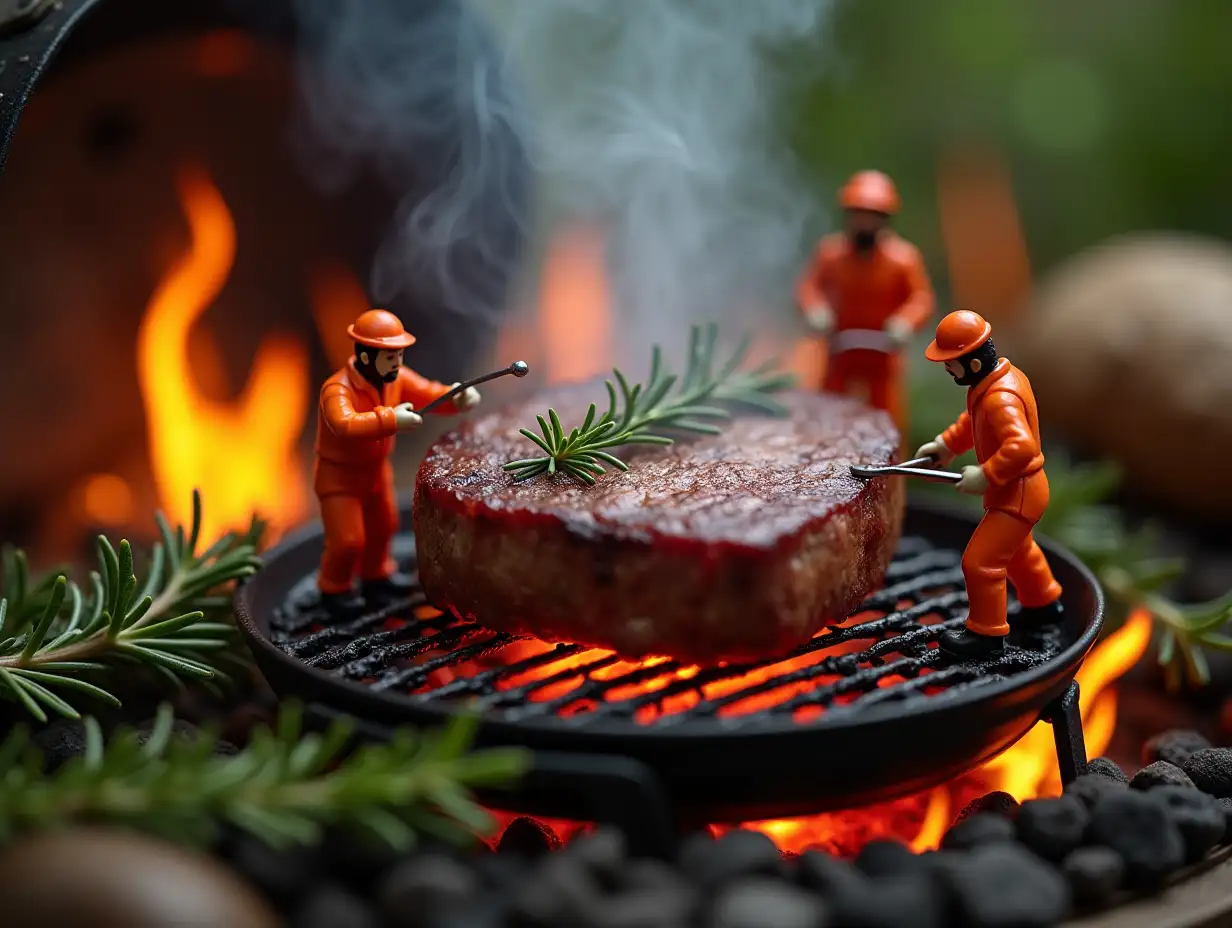 *Prompt:* A miniature scene of tiny workers in bright orange uniforms, carefully tending to a sizzling, perfectly grilled steak on a barbecue grill. The workers, armed with small tools, are adjusting the steak and delicately adding fresh rosemary sprigs to enhance the flavor. The grill is surrounded by flames and smoke, with the intense heat creating an almost magical atmosphere. The details should be intricate, highlighting the texture of the meat, the smoky aroma rising from the grill, and the tiny workers focused on their tasks. The scene should be vibrant and dynamic, emphasizing the contrast between the miniature workers and the larger-than-life steak, bringing this whimsical world of grilling to life.