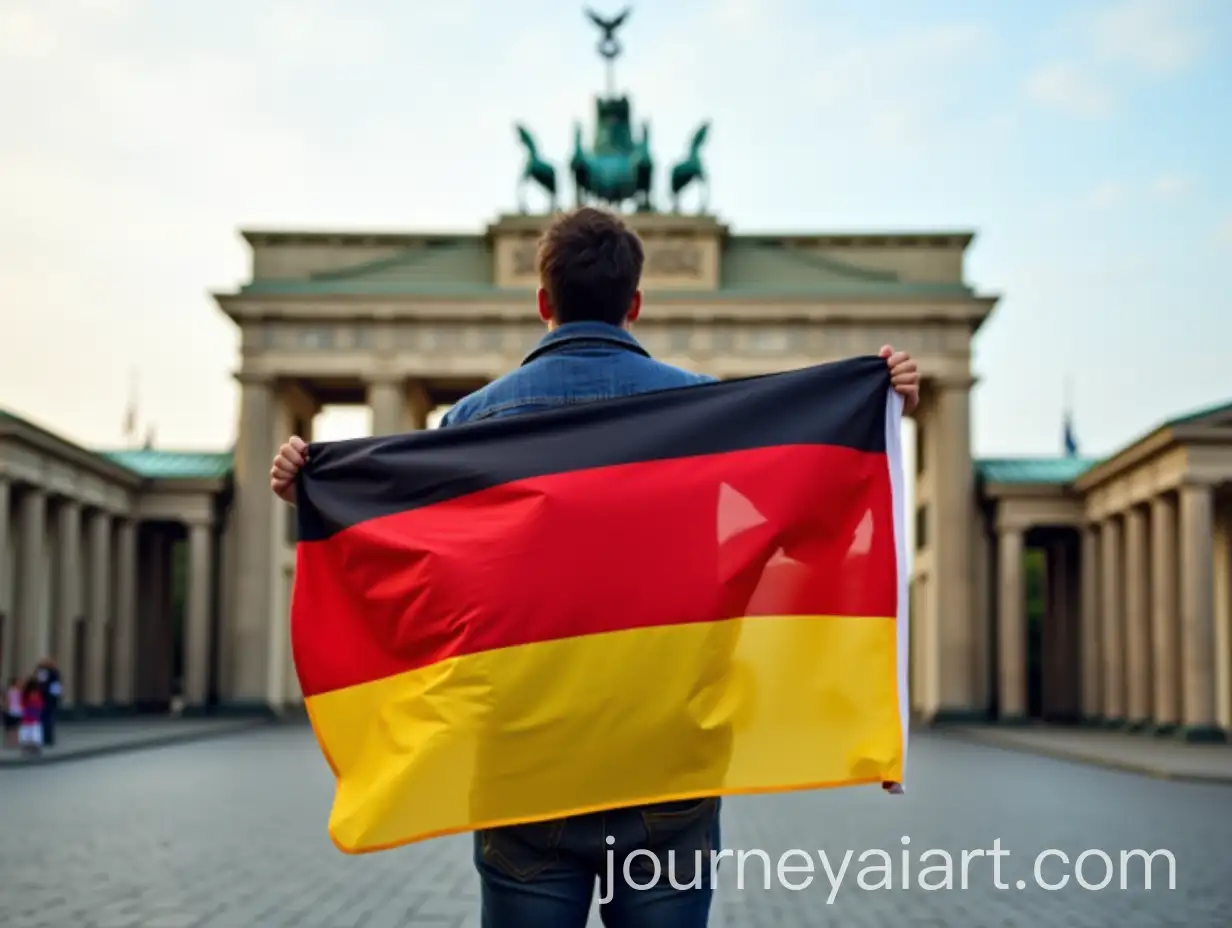 Person-Holding-German-Flag-in-Front-of-Brandenburg-Gate