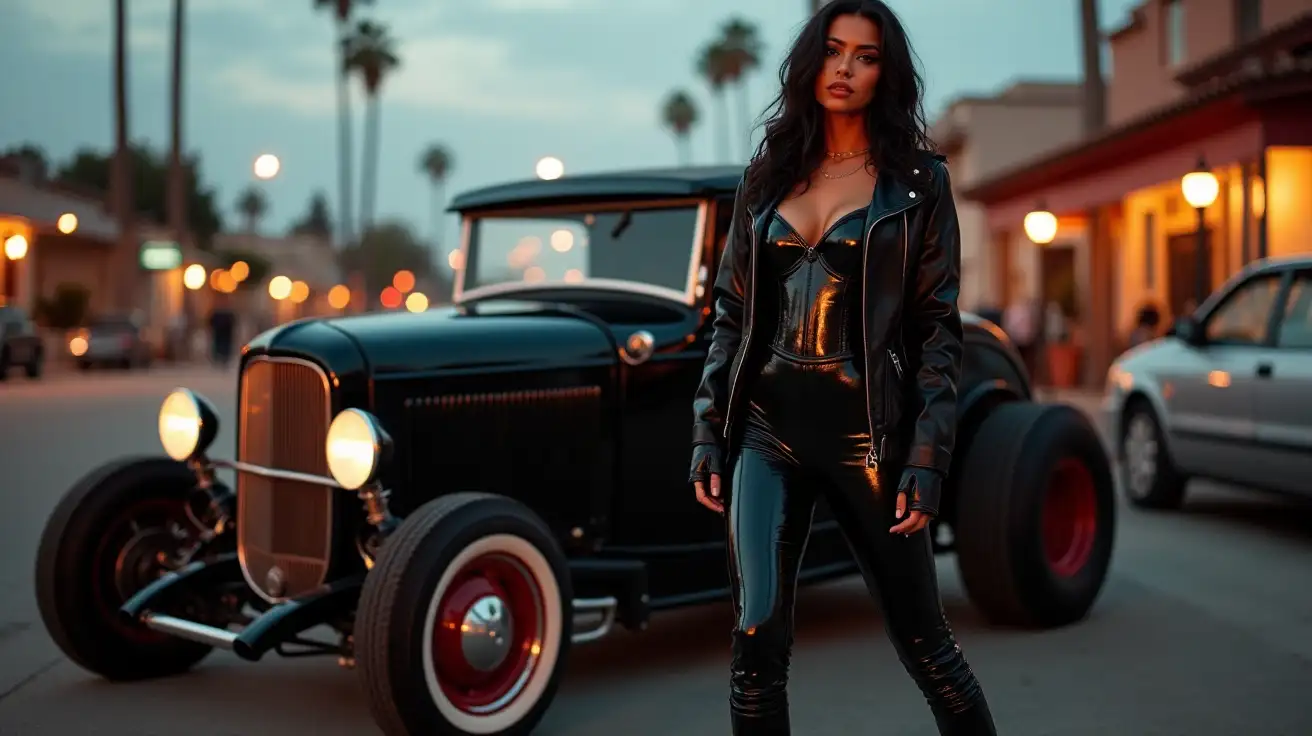 realistic photo, woman standing next to rat rod , wearing black shinny pvc jumpsuit shiny pvc jacket , wearing black shinny pvc thigh high boots , shinny pvc long gloves , in californian street at dusk