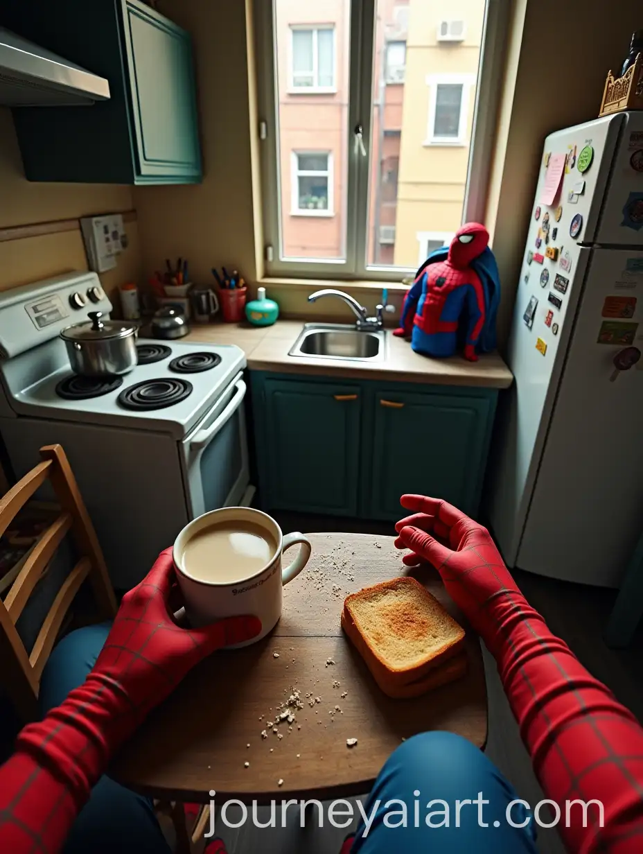 SpiderMans-Breakfast-in-a-Small-Apartment-Kitchen-with-Crumbs-and-Costume