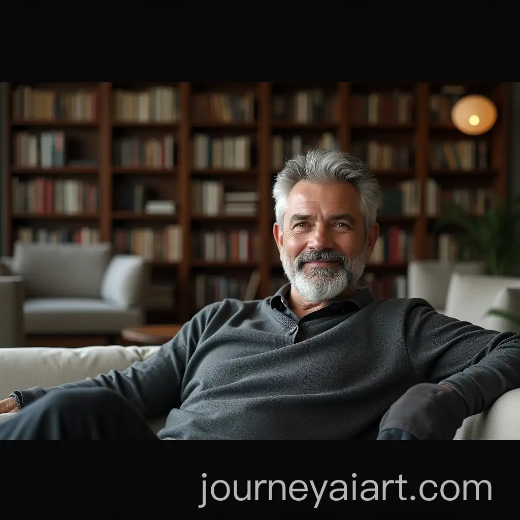 Man-Relaxing-on-Modern-Sofa-with-FloortoCeiling-Library-in-Stylish-Living-Room