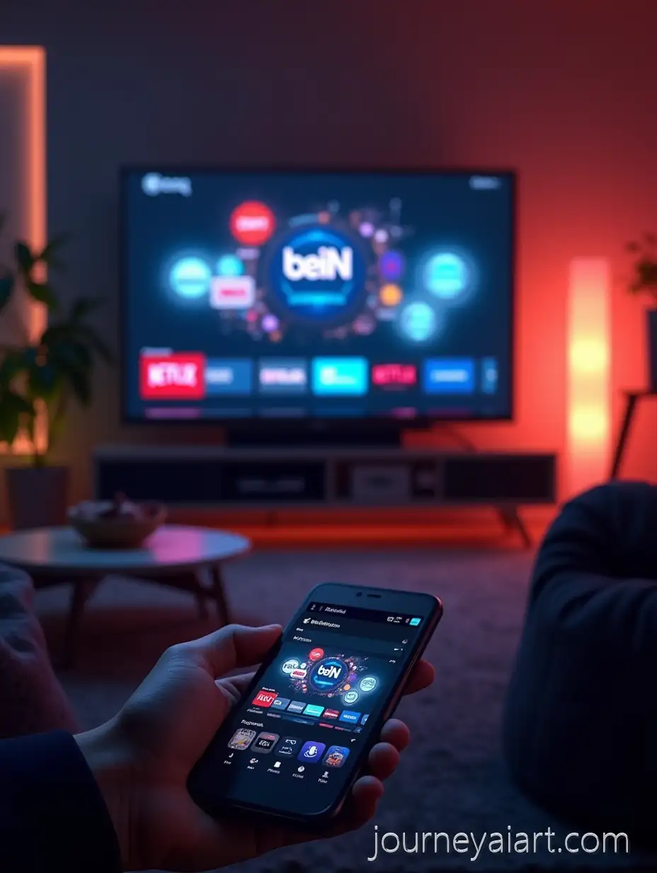 Modern-Living-Room-withAI-Image-Prompt-Expansion-ArabStyle-Twist-and-Futuristic-TV-Displaying-Global-IPTV-App