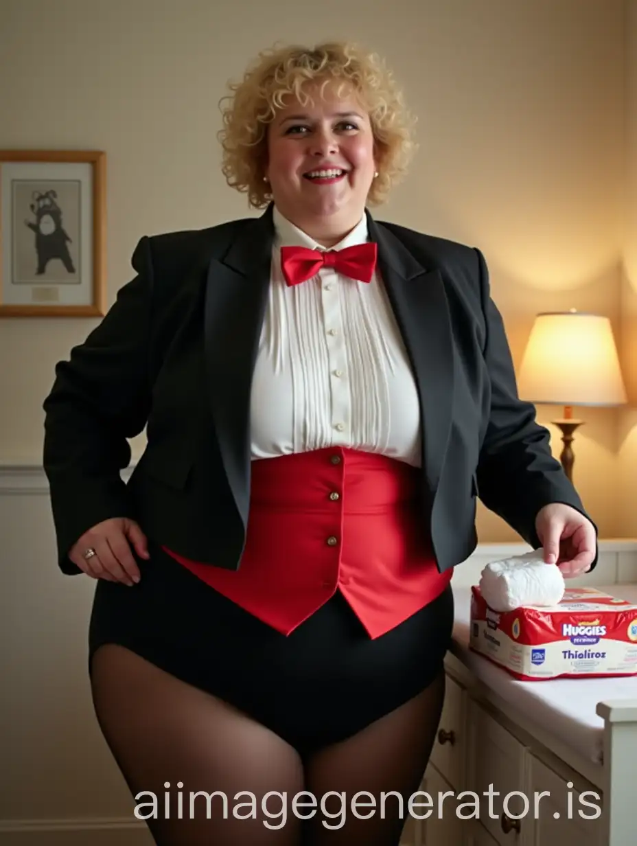 sweet very beautiful smiling middle aged huge fat obese with large wide huge hips caucasian woman, with short blonde curly hair with curly bangs, standing facing forward wearing a very formal concert tuxedo with black long sleeve cropped eton jacket, white wing tip tuxedo shirt with pleated front, scarlet red diamond point bow tie with adjustable around collar neckband, scarlet red cummerbund, black tight high cut cotton leotard bottom with elastic waistband, nylons, unfolding a large white plastic Huggies disposable diaper while standing next to a changing table with a large scarlet red and white plastic package that reads 'Huggies THICK Diapers' in a nursery, full body front view.