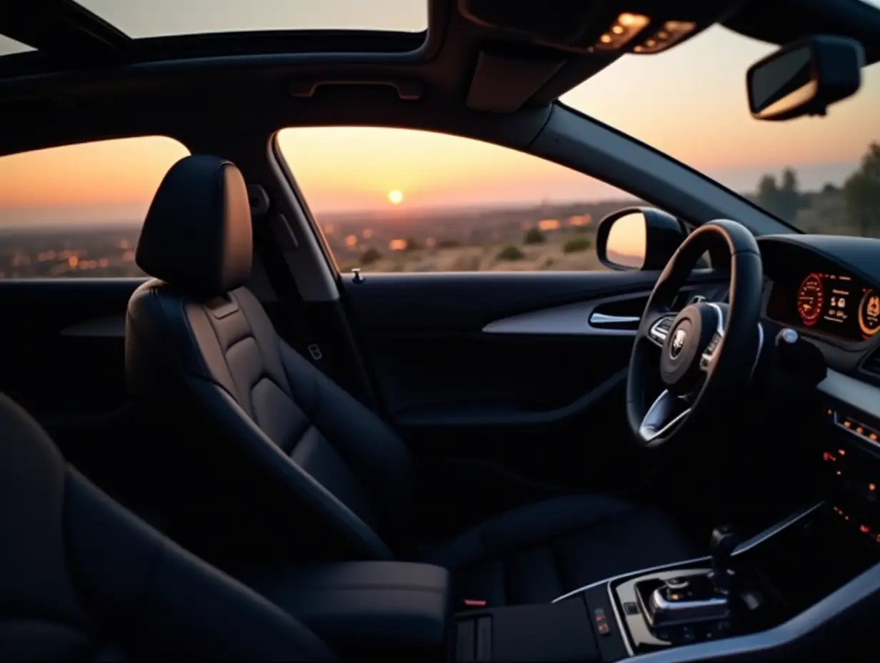 The car is modern, with black leather seats and silver accents, driving through a sunset-lit landscape, with city lights flickering in the distance