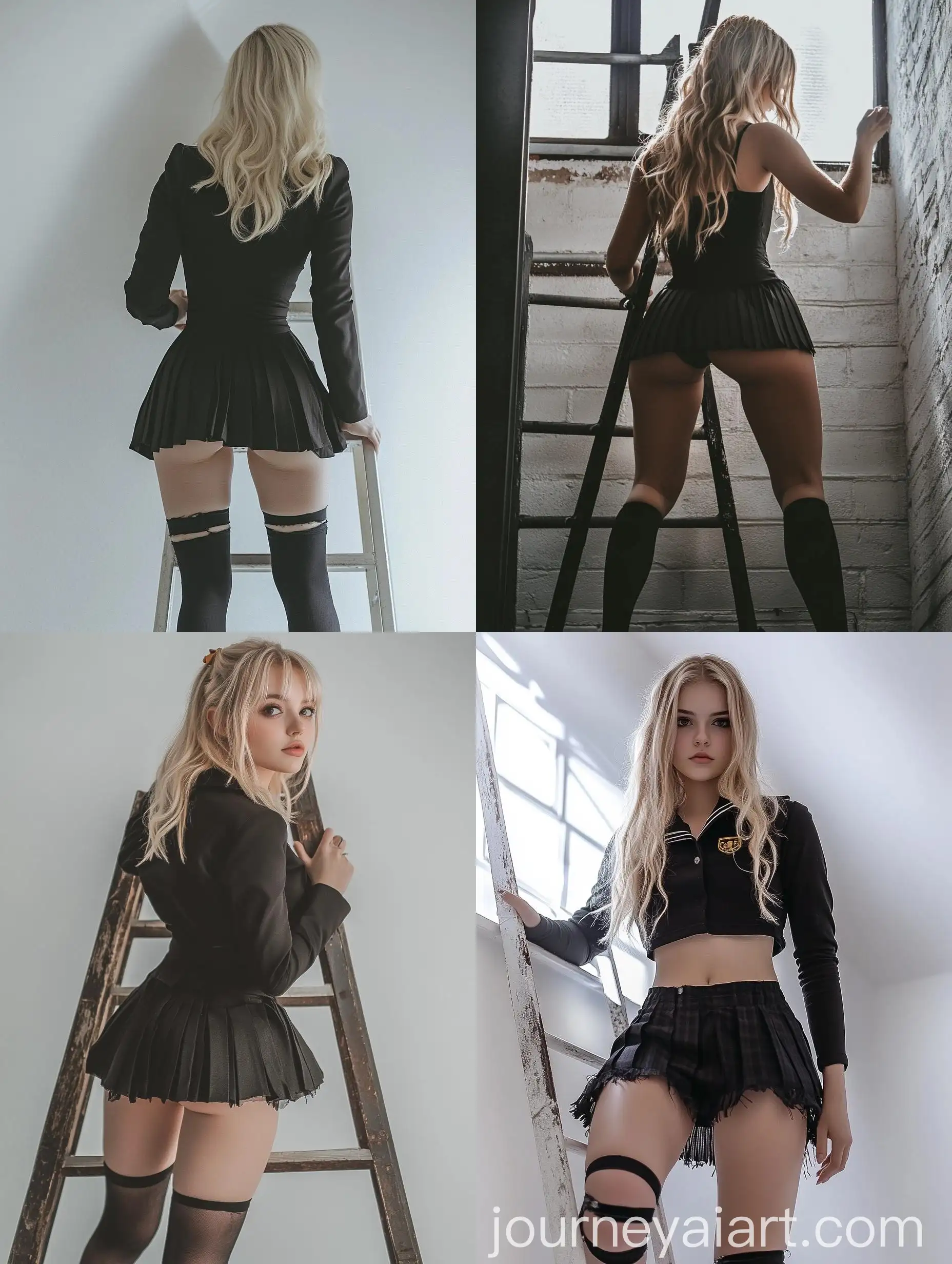 Blonde-Schoolgirl-Climbing-Ladder-in-Photography-Studio