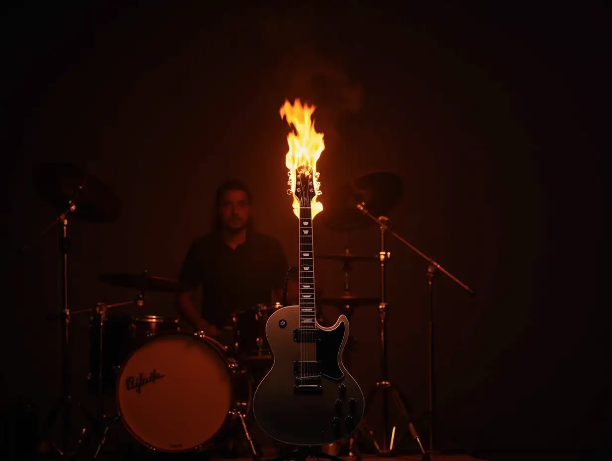 on a dark background Gibson guitar on fire against a drum set