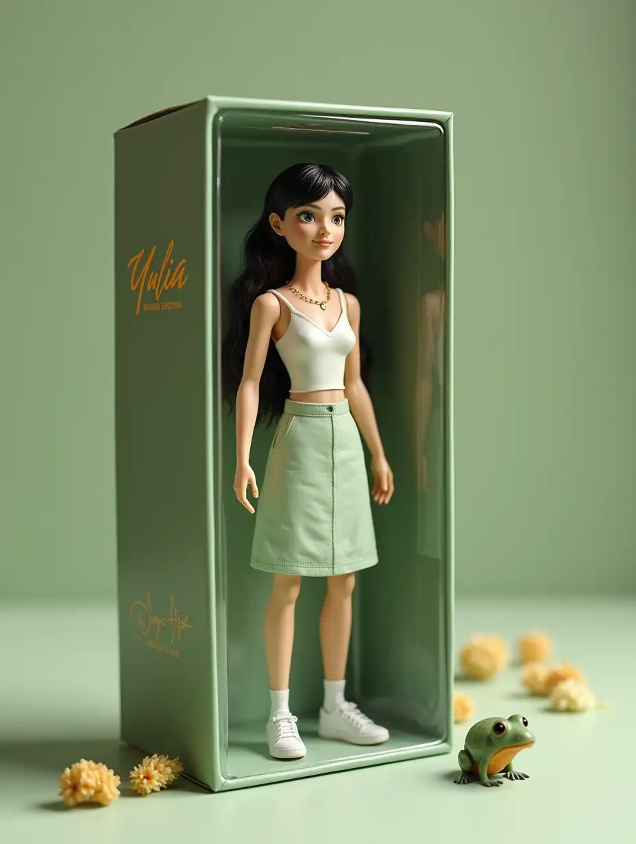 Create a photorealistic figure of a person in a photo. The figure must be full size and fit into a transparent plastic box. Make the packaging as realistic as possible - shiny plastic, compartments for items and a toy store design. Write the brand [Yulia] on the box. The packaging will have an atmosphere: [soft green tones]. Place accessories next to the figure: [kalimba, frog, tarot, dry flowers]. Make the figure in the style of collectible figures.