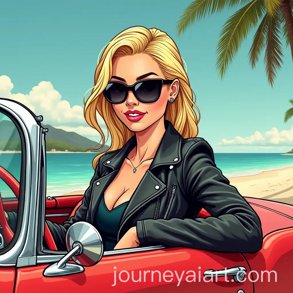 Blonde-Girl-in-Leather-Biker-Jacket-Driving-50s-Red-Convertible-on-a-Paradise-Beach