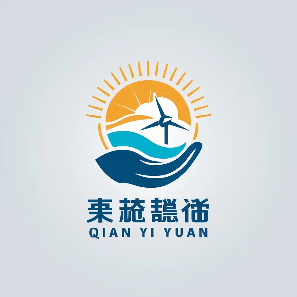 a vector logo design,with the text "Qian Yi Yuan", main symbol:Sunlight, wind, water, hand,Moderate,be used in new energy industry,clear background