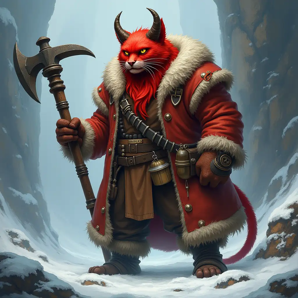 Fierce Red Demonic Cat Miner in Medieval Outfit Wielding a Colossal Pickaxe