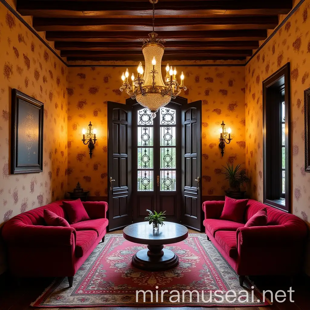 Colonial Style Interior with Rose Forged Iron Doors and Elegant Decor