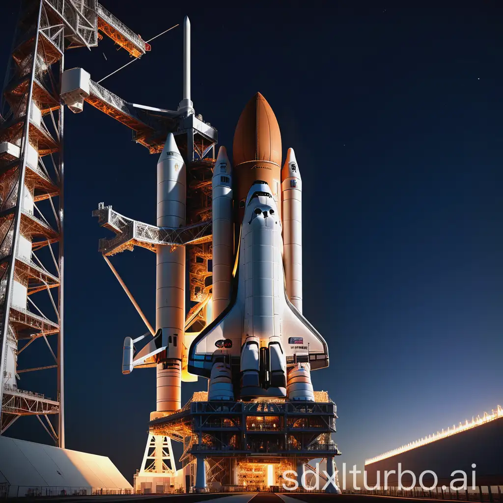 A NASA Space Shuttle on the launch pad at night, fully assembled with external fuel tank and solid rocket boosters, surrounded by a massive illuminated launch tower structure. The scene is set under a deep blue twilight sky with dramatic lighting, showing intricate details of the shuttle and gantry. The structure is glowing with warm lights, emphasizing the complexity of the engineering. Low angle view, realistic style, high detail, cinematic lighting.