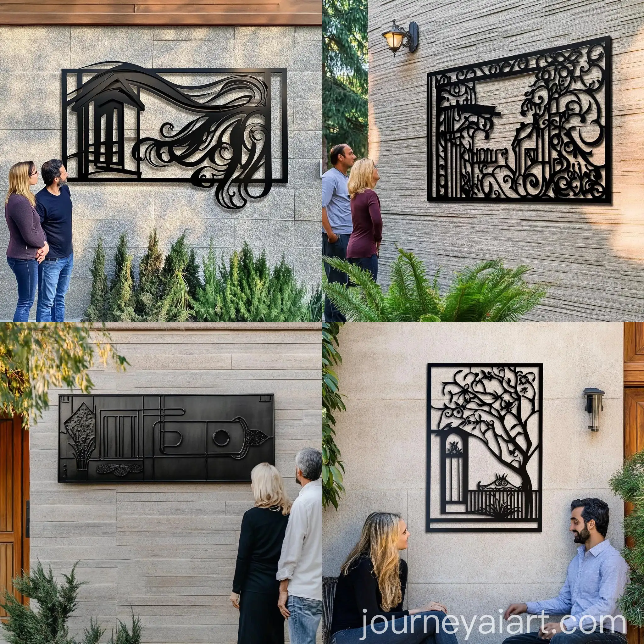Two-Adults-Admiring-2D-Black-Metal-Wall-Art-Installation