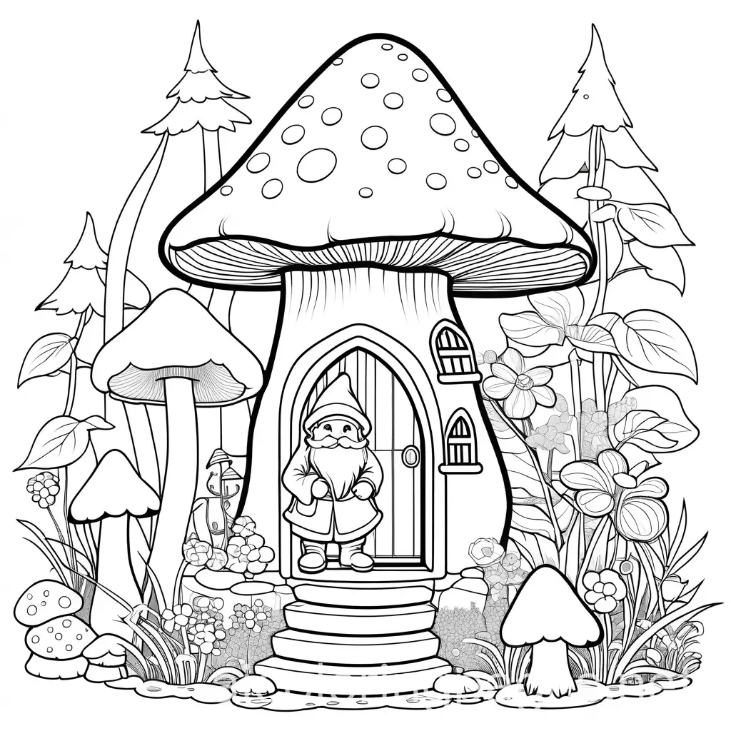 A garden gnome inside his mushroom house in black and white  with no gray scale, Coloring Page, black and white, line art, white background, Simplicity, Ample White Space. The background of the coloring page is plain white to make it easy for young children to color within the lines. The outlines of all the subjects are easy to distinguish, making it simple for kids to color without too much difficulty