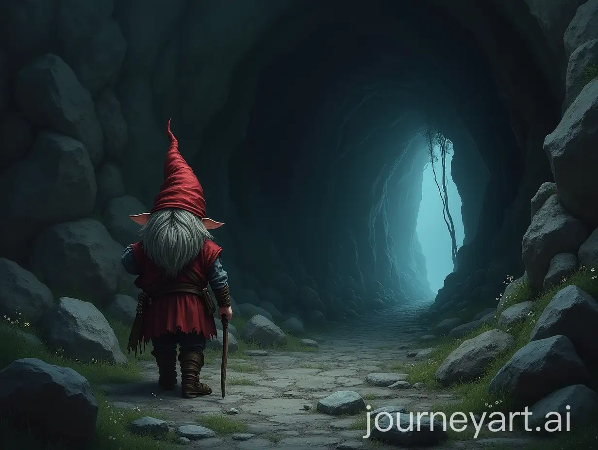 Little-Gnome-Peter-Carmey-Strolling-Near-a-Mysterious-Cave