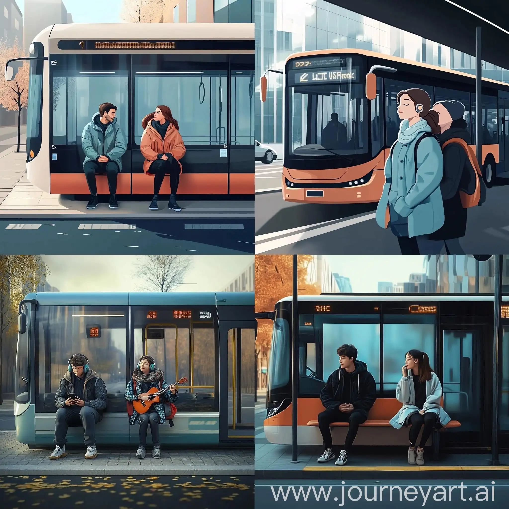 Couple-Listening-to-Music-at-Bus-Stop