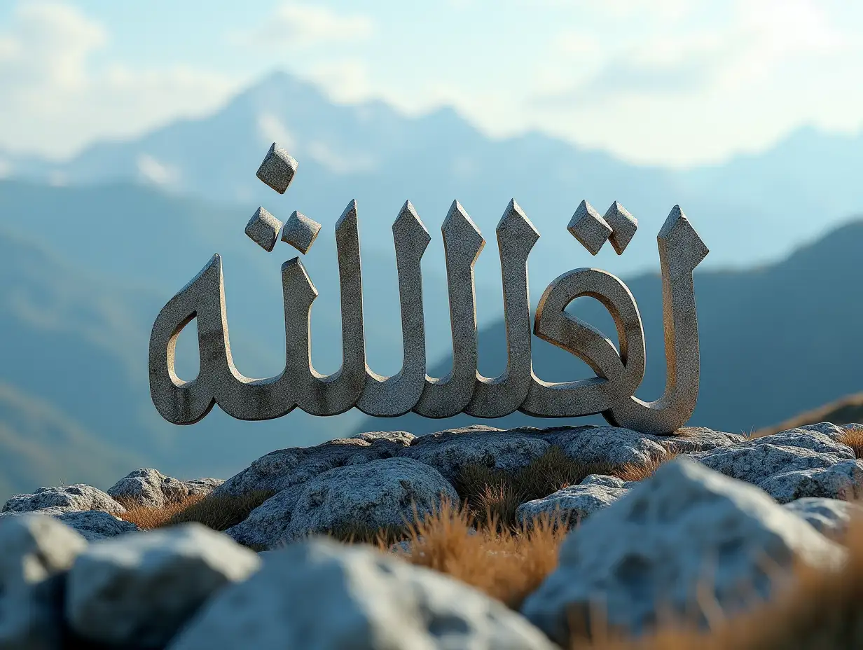 picture of نوشته لا اله الا الله written in three dimensions with a mountain background