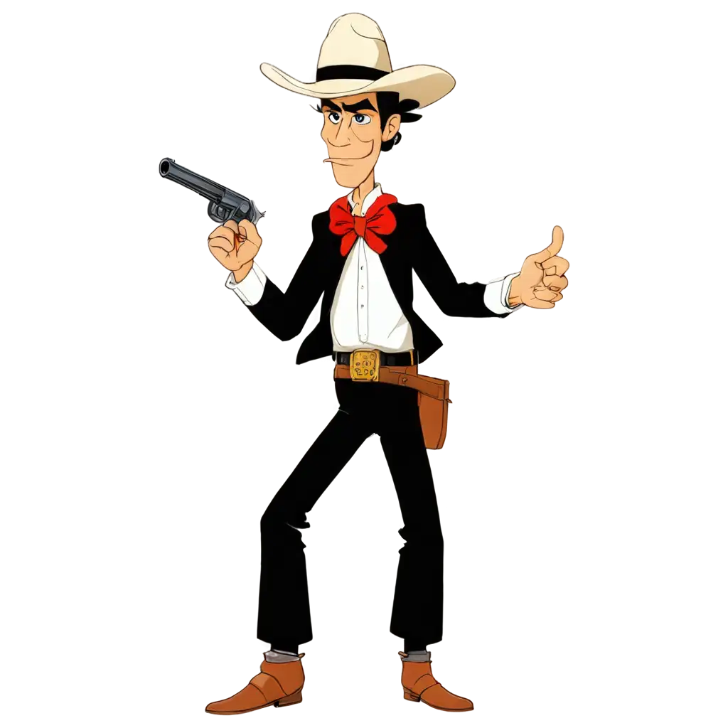 Lucky Luke wearing a sombrero hat and shooting both of his revolvers, gun smoke