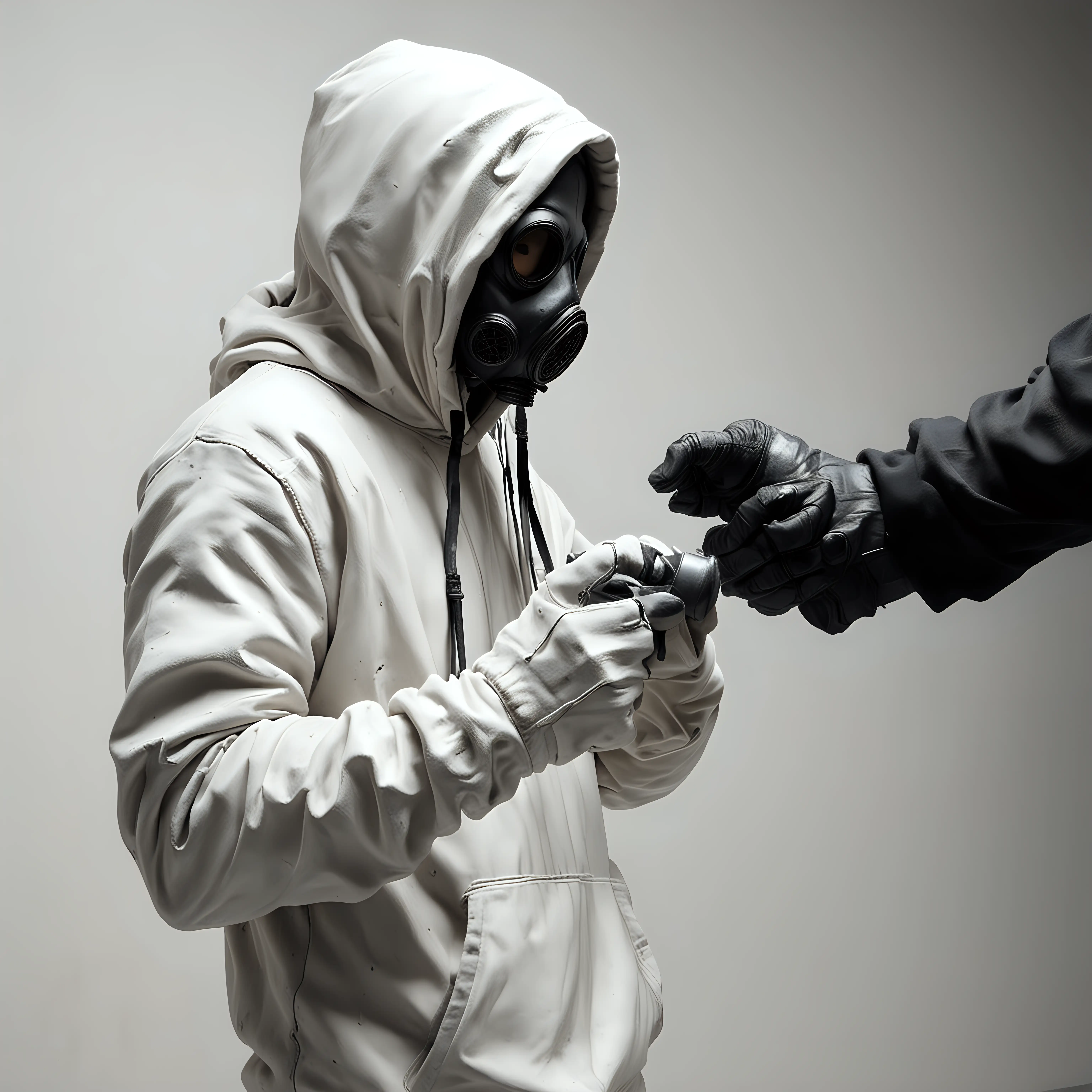 Hyperrealistic White Sculpture of a Graffiti Vandal in Hoodie and Gas Mask