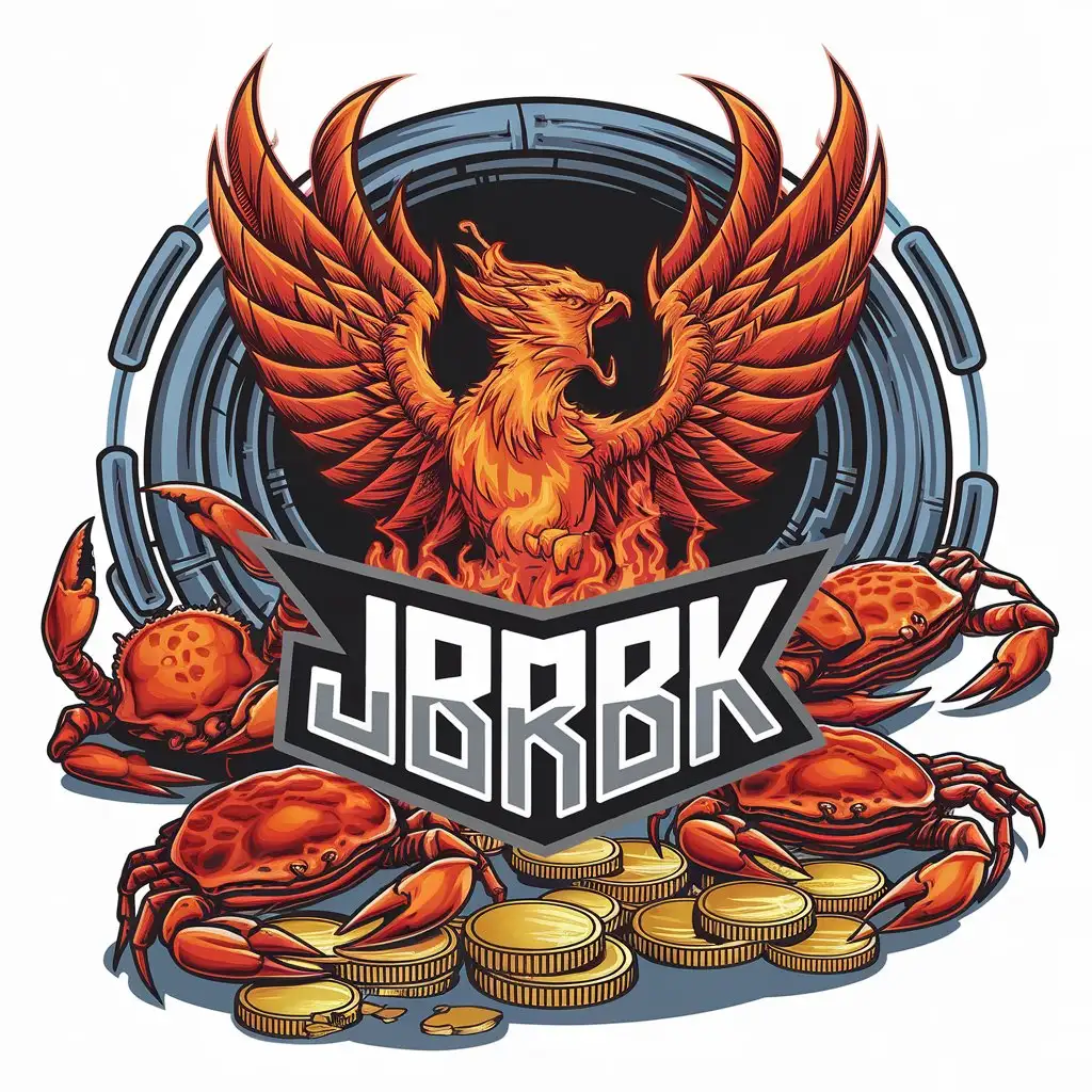 LOGO Design for JBRBK Fiery Phoenix Wormhole and Crabs with Gold Coins Theme for Construction Industry