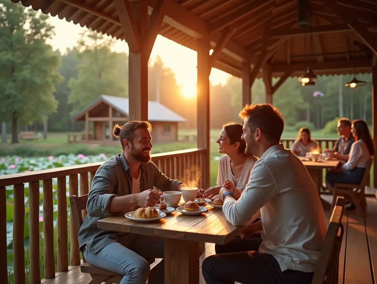 a cheerful family of a man and a woman and a child are sitting on a wooden veranda with wooden railings of a modern minimalist coffeehouse design and drinking coffee from coffee cups from which steam is coming, they have a fragrant variety of hot pastries on the table, behind them on the same veranda there are also different people resting, and already in the background behind the veranda itself in further away, at a distance of 50 meters, there is a huge eco-pond with crystal clear water and a large number of pink lily pads and the pond has natural gentle grassy banks, similar to wild ponds, on the other side there are only 3 small one-storey chalet houses located away from the shore of the pond, these houses have the appearance of a one-storey chalet with a gable tiled roof, each roof slope is smooth without bending, these chalet houses are built from a system of wooden beams consisting only of vertical wooden beams, and only in the half-timbered style and glass walls between the glass beams - these are panoramic windows in all walls from floor to roof, that is, each wall is a panoramic window, at sunset and in the reflections of sunset light, the foreground view is in focus, and the background - blurry, realistic