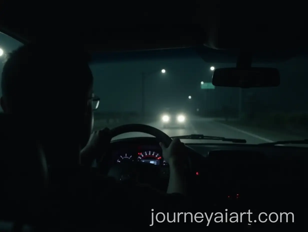 Man-Driving-a-Car-on-a-Deserted-Street-at-Night-in-a-Spooky-Setting
