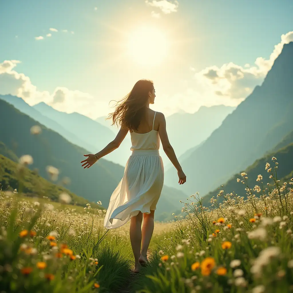 A woman embodies holistic health through natural vitality—enhanced oxygenation, detoxification, mental clarity, stress relief, immune support, and anti-aging energy—amid a dynamic, serene landscape symbolizing physical and emotional renewal.