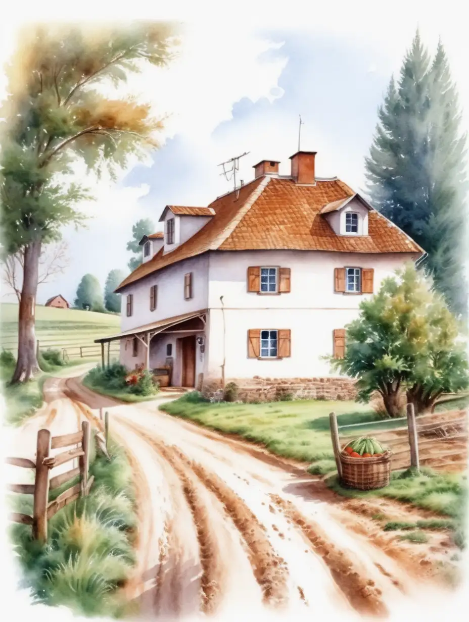 Rustic Farmhouse in Watercolor Illustration on White Background