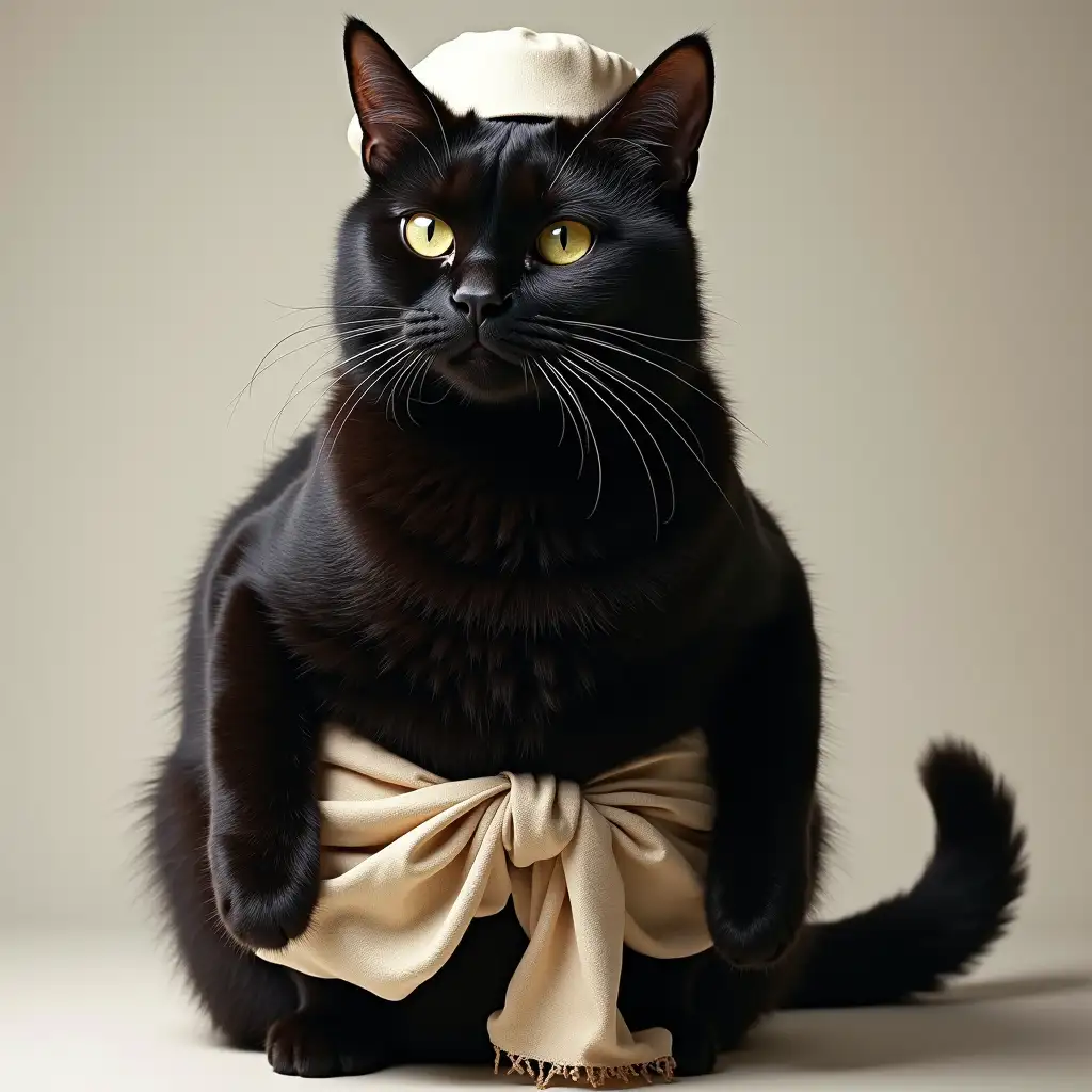 Giant black cat wearing sarong and white cap